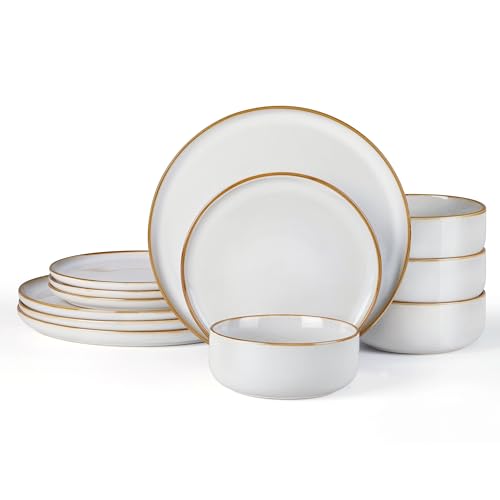E-far Plates and Bowls Set for 4, 12-Piece Stoneware Dinnerware Sets, Ceramic Dinning Ware Reactive Glaze Dishes Set, Microwave & Dishwasher Safe - Seashell White - color: Seashell White, size: Service for 4