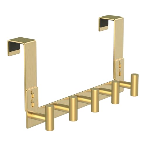 PMMASTO Over The Door Hooks, Fits 1-3/4" Thick Door No Drill Hooks for Closet Bathroom Bedroom Organization, Hanger for Coat Towel Robe (Gold, 5 T-Hooks) - color: Gold, size: 7.5 Inch-5 T-Hooks, Fits 1-3/4" Thick Door