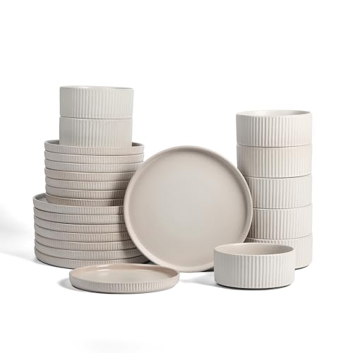 Stone Lain Haven Stoneware 24-Piece Dinnerware Set, Beige Plates and Bowls Sets for 8, Elegant Dish Set, Includes Dinner Plates, Salad Plates Cereal Bowls, Microwave & Dishwasher Safe - color: Beige, size: 24-Piece - Service for 8