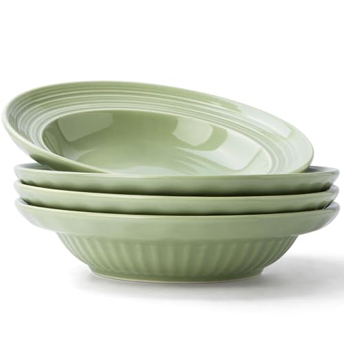 Wide Rim Soup Bowls Set of 4, 11 oz, 8 Inch Green | Shallow wide rim bowls for pasta, soup, side salad, oatmeal and dessert; 11 oz portion size, stackable and dishwasher safe. - color: Green