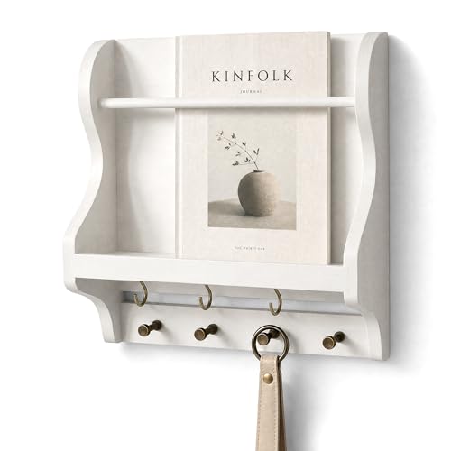 Rebee Vision Mail Organizer Wall Mount with 7 key Hooks Home Decor, White | Mail Holder for Wall, Key Hanger for Sunglasses and Wallets, Mail, Farmhouse Magazine Holder, Wood Decor, Apartment Aesthetic - color: White