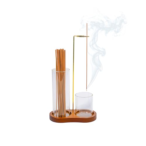 Modern 2-in-1 Incense Holder with Glass Ash Catcher, Featuring a Wood Tray, Metal Rod & 2 Glass Cups for Organized Burning. Perfect for a Clean Desk, Zen Meditation, Yoga and Home Decor