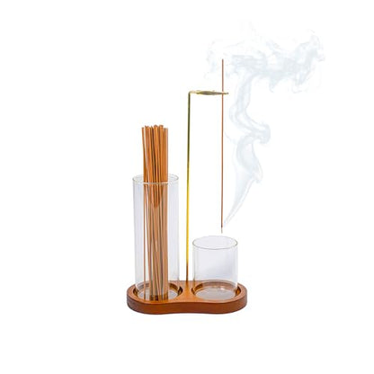 Modern 2-in-1 Incense Holder with Glass Ash Catcher, Featuring a Wood Tray, Metal Rod & 2 Glass Cups for Organized Burning. Perfect for a Clean Desk, Zen Meditation, Yoga and Home Decor