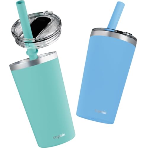 CUPKIN Reusable Cups with Lids, The Original Stackable 12 oz Stainless Steel Tumbler with Lid, Set of 2 Powder Coated Insulated Kids Tumblers, BPA Free Lids & Reusable Silicone Straws (Blue + Green) - color: Blue + Green, size: 12 Fl Oz (Pack of 2)