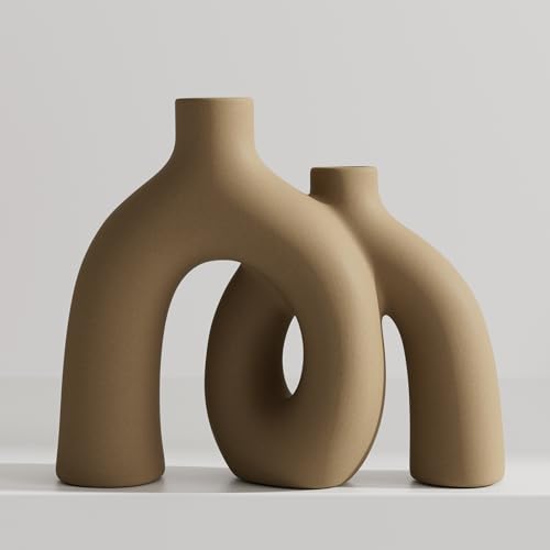 Hug Donut Decorative Vase Set - Tan Modern Rustic Farmhouse Style Vases Home Decor,Matte Ceramic Decorations for Living Room Shelf, Bookshelf Mantle Entryway Table Centerpiece or Console Décor(Brown) - color: Brown