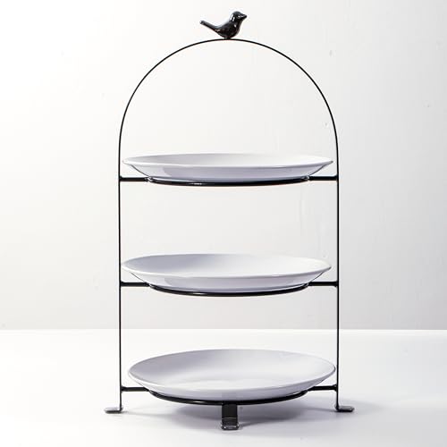 SparkWorks 3 Tiered Cake Stand, Tea Party Serving Platter, Dessert and Cupcake Stand, Metal Tiered Serving Stand Includes Three Premium White Stoneware Plates (10.5 inch) - size: 10.5 inch