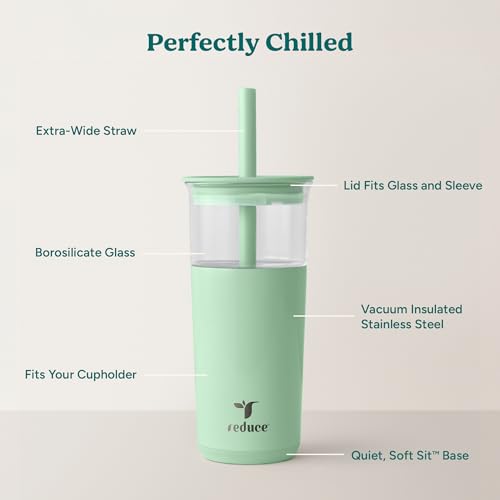 REDUCE Aspen - 20oz Vacuum Insulated Glass Tumbler - Extra Wide Straw & Lid | Keeps drinks cold for 12 hours, ideal for iced coffee, smoothies & boba, dishwasher safe, soft base - color: Matcha