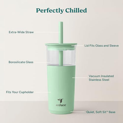 REDUCE Aspen - 20oz Vacuum Insulated Glass Tumbler - Extra Wide Straw & Lid | Keeps drinks cold for 12 hours, ideal for iced coffee, smoothies & boba, dishwasher safe, soft base - color: Matcha