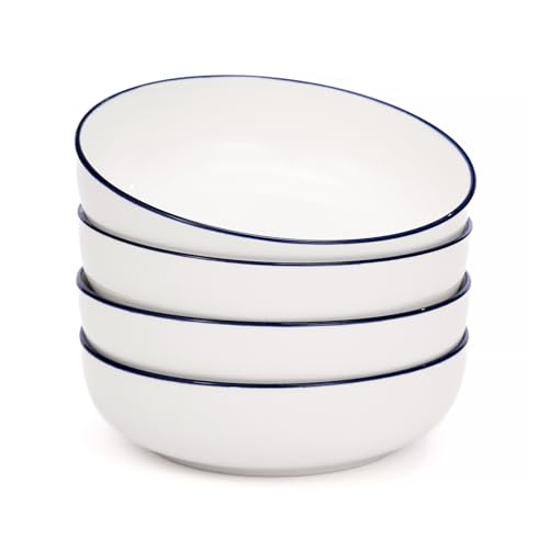 OTAGO 8" Stoneware Salad and Pasta Bowls Set of 4, Porcelain Ceramic Bowls with Blue Rim, Microwave & Dishwasher Safe Tableware for Kitchen, Dinner & Dining - color: Blue Rim, size: 4 Pieces