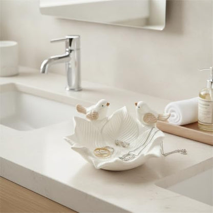 Ceramic Jewelry Tray for Vanity, Decorative Catch-All Dish for Rings Earrings Keys, 7.7 Inch Round Bowl with Bird Design (1 PC)