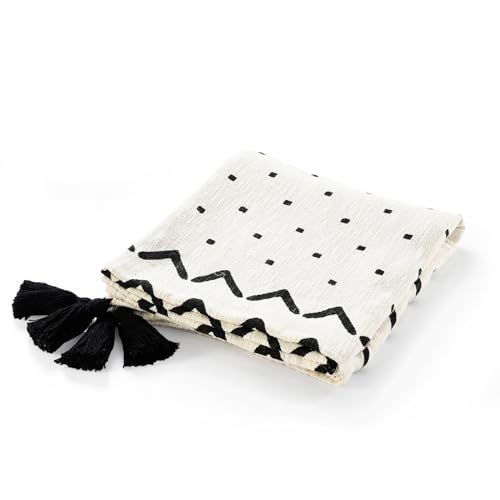 HomeRoots 50" X 60" Black and White Woven Cotton Chevron Throw Blanket with Tassels