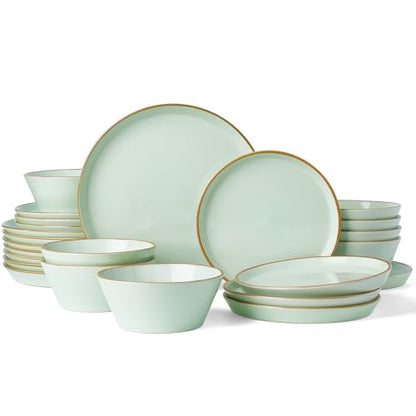 Famiware Saturn Stoneware Dishes Dinnerware Set for 8, Rimmed Plates, Bowls | Light Green, 24-Piece Ceramic Kitchenware, Chip and Scratch Resistant, Microwave and Dishwasher Safe, Modern Rustic Tableware - color: Light Green, size: 24
