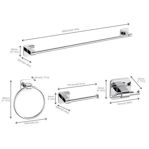 Bathroom Accessories Set, 4 Pieces Bathroom Hardware Set, 24 inch Towel Bar, Towel Racks, Robe Towel Hooks, Toilet Paper Holder Wall Mounted Or Self-Adhesive,Stainless Steel and Plastic (Chrome) - color: Chrome