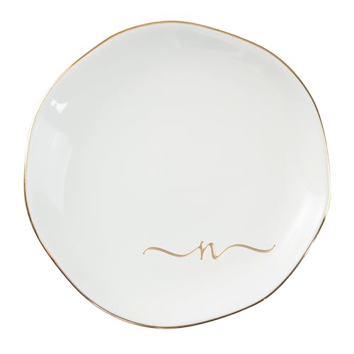InnoBeta Jewelry Tray, Initial Ring Dish, Ceramic Trinket Dish, Letter N | 4.75-inch ceramic initial dish with a gold-tone rim organizes rings, earrings, and small jewelry on a vanity. - color: N