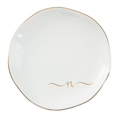 InnoBeta Jewelry Tray, Initial Ring Dish, Ceramic Trinket Dish, Letter N | 4.75-inch ceramic initial dish with a gold-tone rim organizes rings, earrings, and small jewelry on a vanity. - color: N