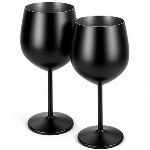 Stainless Steel Wine Glasses Set of 2, 18 oz Unbreakable Black Matte Wine Glass Stemmed Metal Wine Goblets for Outdoor Camping Pool Wedding Party Gift for Wine Lovers