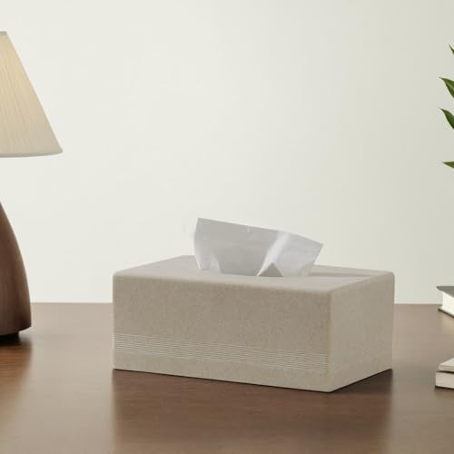 Tissue Box Cover Rectangle, Sandstone Look, Simple Stripe, Beige | Resin, Facial Tissues Holder Covers Rectangular, Paper Holder for Bathroom Kitchen Bedroom Living Room Office Hotel Cafe Bar - color: Beige - Rectangle
