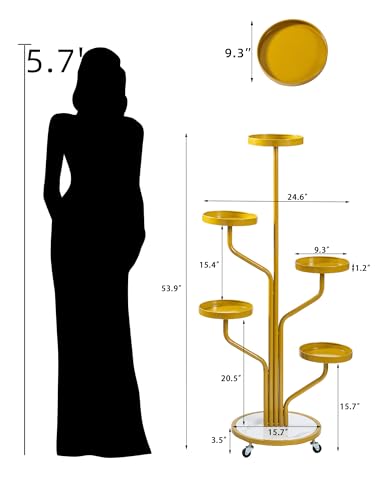 CHPHI 5 Tier Indoor Plant Stand Wrought Iron, Tall Metal Plant Stand with Wheels, Metal Rolling Plant Shelf with 5 Trays, Multi-tier Rolling Display Stand for Home and Office(Gold)