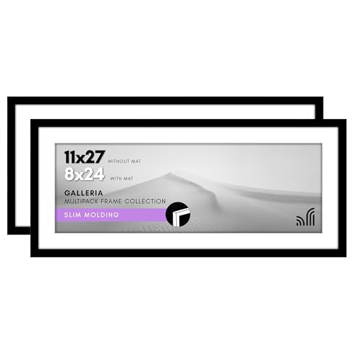 Americanflat 11x27 Picture Frame 2-Pack - Matted to 8x24 - Black | Slim Molding construction, Polished plexiglass front, hangs vertical or horizontal, sawtooth hangers included - color: Black, size: 11x27