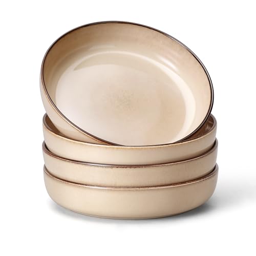 E-far Stoneware Pasta Bowls Set of 4, 35oz Double Reactive Glaze | Wide & Shallow Ceramic Pasta Plates for Serving Salad Soup Dinner, Dishwasher & Microwave Safe, Sandy Beige - color: Sandy Khaki