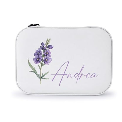 Custom Leather Jewelry Box with Name & Birth Flower Month, Birthday Gifts for Women, Personalized Jewelry Travel Case - Customized Jewelry Organizer Box, Mom Birthday Gifts, White - color: White