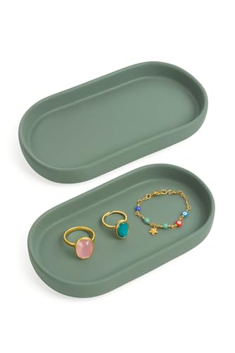 Ceramic Jewelry Tray 2 Packs – Oval Vanity Dish for Rings, Earrings, Bracelets – Minimalist Decorative Trinket Holder for Dresser, Bathroom, Nightstand – Matte Green - color: Green_2pcs