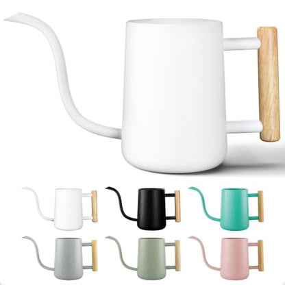 Metal Small Indoor Watering Can with Long Spout & Real Wood Handle, 35oz | Long Spout, Stainless Steel, Real Wood Handle, Gentle Flow, No Spills, Suitable for House Plants, Succulents & Seedlings - color: White