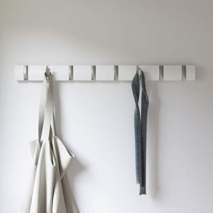 Umbra Flip Coat Rack, Wall Mount 8-Hook, Space Saving, White | Real wood and steel build, retractable hooks fold flat, holds coats bags and scarves, easy install - color: White/Nickel, size: 8-Hook