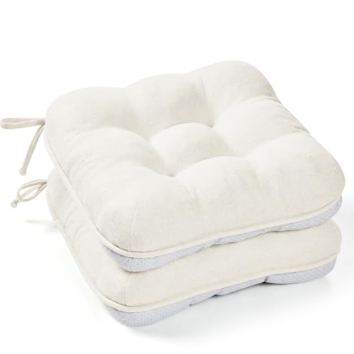 BETU White Chair Cushions for Dining Chairs Set of 2,3.5" Thick Kitchen Table Chair Pads with Ties,Non Slip Backing and Covers, Seat Cushion for Dining Room,Bar,Patio Chairs,15.5"X15.5"X3.5",White - color: Almond Cream, size: 15.5"x15.5"x3.5" (2 Pack)