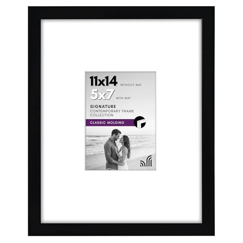 Americanflat 11x14 Picture Frame with Shatter-Resistant Glass - Use as 5x7 Frame with Mat or Display 11x14 Photo Without Mat - Signature Collection - Picture Frames for Wall Display - Black | Shatter-resistant glass, hangs vertical or horizontal, sawtooth