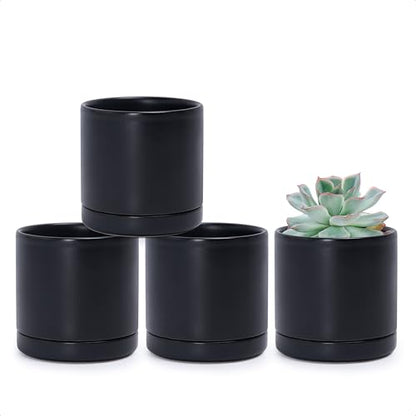 D'vine Dev 4-Pack Ceramic Pots with Saucers, Black, 3.5 in, 94-X-A-2 | Glazed Ceramic, Drainage Hole and Saucer, Sleek Cylinder Shape, High Temperature Fired, Ideal for Small Houseplants - color: Black, size: 3.5 Inch