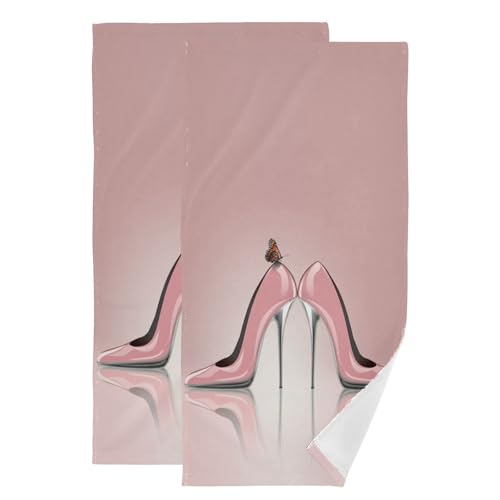 2 Pack Pink High Heeled Shoes Hand Towels for Bathroom,Soft Absorbent Decorative Modern Fashion High Heels Butterfly Print Women Guest Bathroom Towels,Quick Dry Dish Kitchen Towels 14"x28" - color: Pink