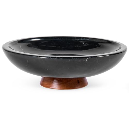Decorative Marble Bowl Black - Handcrafted Natural Stone on Acacia Wood Pedestal - Versatile 10" Catch‑All Centrepiece for Home Decor - Entryway, Dining Table, Kitchen Fruit Bowl, Key Holder (Black) - color: Black