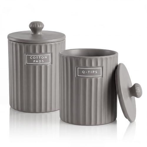 Ronasip Ceramic Bathroom Organizer and Storage Jars with Lid, 2 Pack Qtip Holder and Cotton Pad Dispenser, Apothecary Canisters for Vanity, Kitchen Countertop, Home Decor (2, Gray) - color: Gray
