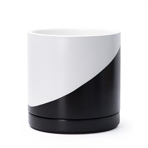 D'vine Dev 8.2 Inch Ceramic Planter Pot, Black White Diagonal, 94-O-D-K | Modern Cylinder Design, Drainage Hole & Saucer Included, Stable Structure, Elegant Home Accent - color: Oblique Monochrome Black & White, size: Medium