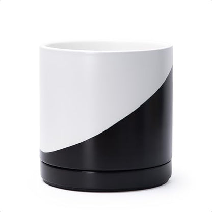 D'vine Dev 8.2 Inch Ceramic Planter Pot, Black White Diagonal, 94-O-D-K | Modern Cylinder Design, Drainage Hole & Saucer Included, Stable Structure, Elegant Home Accent - color: Oblique Monochrome Black & White, size: Medium