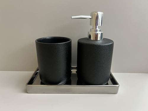 Bathroom Soap Dispenser Set with Tray 3-Piece Countertop Organizer （Black） | Countertop Organizer, With Tray, Pump Dispenser and Cup Black patterned ceramic products - color: Black Texture