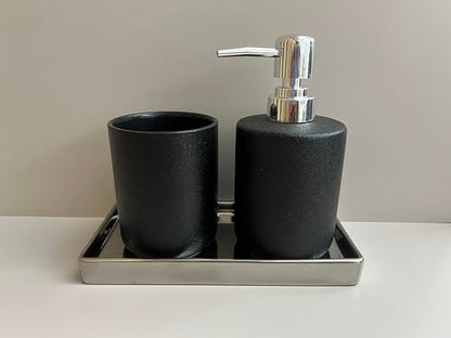 Bathroom Soap Dispenser Set with Tray 3-Piece Countertop Organizer （Black） | Countertop Organizer, With Tray, Pump Dispenser and Cup Black patterned ceramic products - color: Black Texture