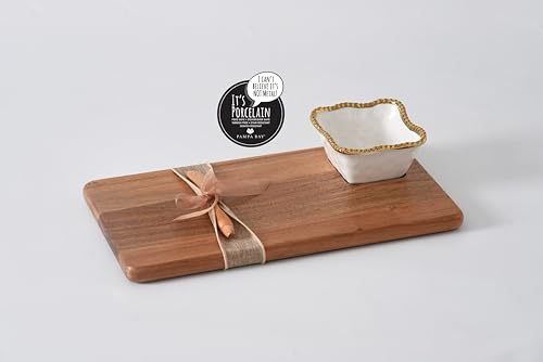 Pampa Bay Acacia Charcuterie Board with Porcelain White & Gold Dipping Bowl and Wood Spreader - color: White and Gold