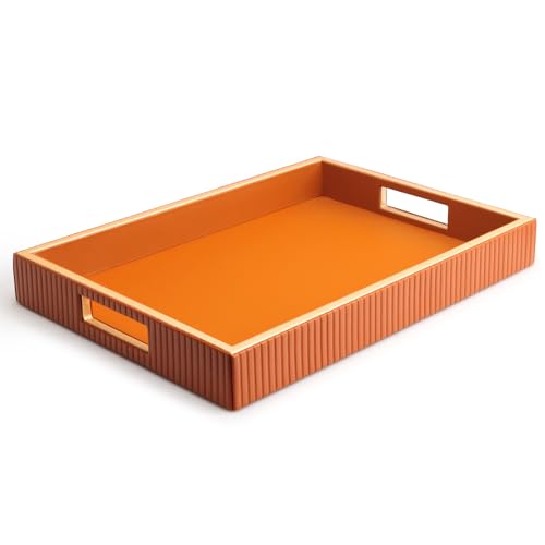 Leather Tray Desktop Storage Organizer, Rectangle Valet Tray, Orange | Premium Serving Trays with Handles, Decorative Tray Desk Organizer for Sundries Cosmetics Phone Wallet Keys Cutlery - color: Orange Holder