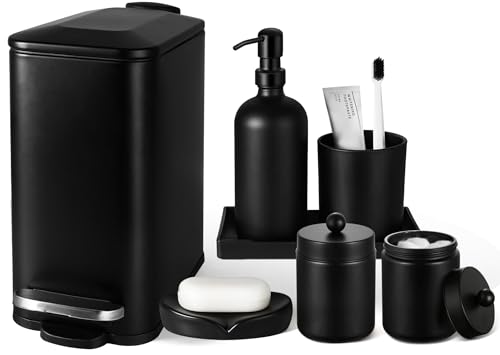 Black Bathroom Accessories Set, 7 Pcs Matte Black Bathroom Accessory Set with Trash Can, Soap Dispenser, Toothbrush Holder, Soap Dish, Vanity Tray, Qtip Holder, Modern Bathroom Sets Complete Decor - size: 7Pcs Bathroom Set