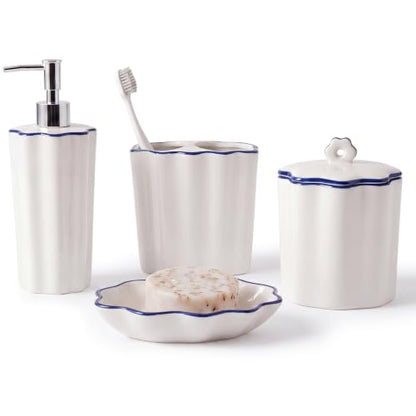 Zhehao Scalloped Bathroom Ceramic Accessories Set 4 Pcs Bathroom Accessory Sets with Toothbrush Holder Soap Dispenser Soap Dish Cotton Swab Jar Bathrooms Countertop Organizer(Blue) - color: Blue
