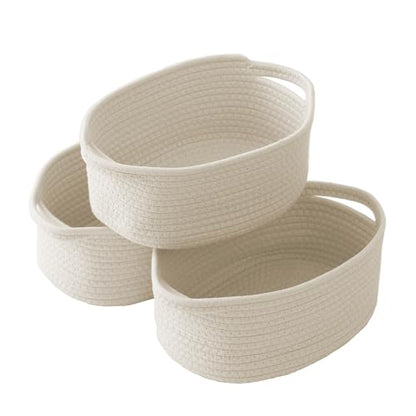 JMvicyroam Small Woven Basket, Empty Gift Basket, White/3 Pack | Small Gift Basket, Cotton Rope, 12 x 8 x 8 in, Handles, Includes Ribbon and Bag, Birthday Gift Basket - color: White, size: 3 Pack