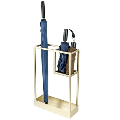 MyGift Modern Brass Tone Metal Entryway Umbrella Rack with Geometric Design, 13 x 5-inch Wide Rectangular Freestanding Cane Umbrella Holder with Shelf for Small Umbrellas and Bottom Drip Catch Tray - color: Brass, size: 13.4″(Rectangle)