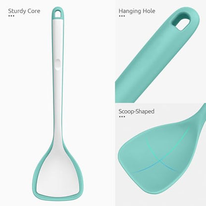 U-Taste 600ºF High Heat 16in Silicone Kitchen Tong and 600ºF Heat Resistant 13.76" Long, 3.63" Wide Wok Spatula for Kitchen Stir Fry (Aqua Sky)