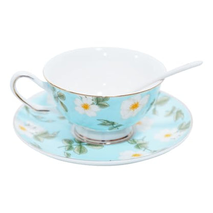 Bone China Tea Cup and Saucer Set with Spoon，Elegant Floral Tea Cup Set (7 oz)，British Coffee Latte Mug for Birthday Party Christmas gift for Friends - color: Camellia-blue