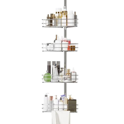 Garvee Corner Shower Caddy Tension Pole, 76 in-110 in Adjustable Bathroom Organizer Shelves, 4-Tier Rustproof Bathroom Shelves with Built-In Towel Bars to Space-Saving, Silver | Adjustable Bathroom Shelf Organizer, Rust-Resistant Floor to Ceiling Storage