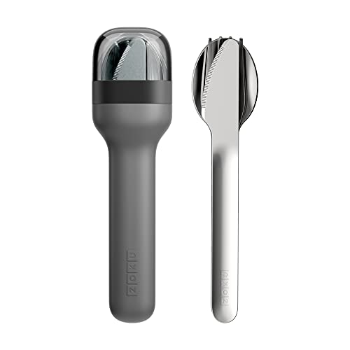 ZOKU Pocket Utensil Set, Charcoal - Stainless Steel Fork, Knife, and Spoon Nest in Hygienic Case - Portable Design for Travel, School, Work, Picnics, Camping and Outdoor Home Use - color: Charcoal