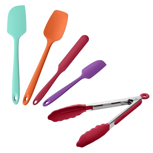 Doosu 600°F Heat Resistant Kitchen Food Tong for Cooking with Non-Scratch Silicone Tips (9in, Red) & 600°F Heat Resistant Spatula Set of 4 for Cooking Baking Stirring (Aqua Sky+Orange+Red+Purple)