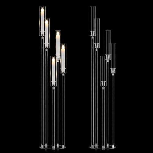 2pcs 5-Arm Acrylic Candelabra Centerpieces for Tables, Sturdy Solid Rods 45.7" Tall Floor Candle Holders Set for Wedding Birthday Party Home Decor, Fits 0.8" LED Taper Candles, Clear